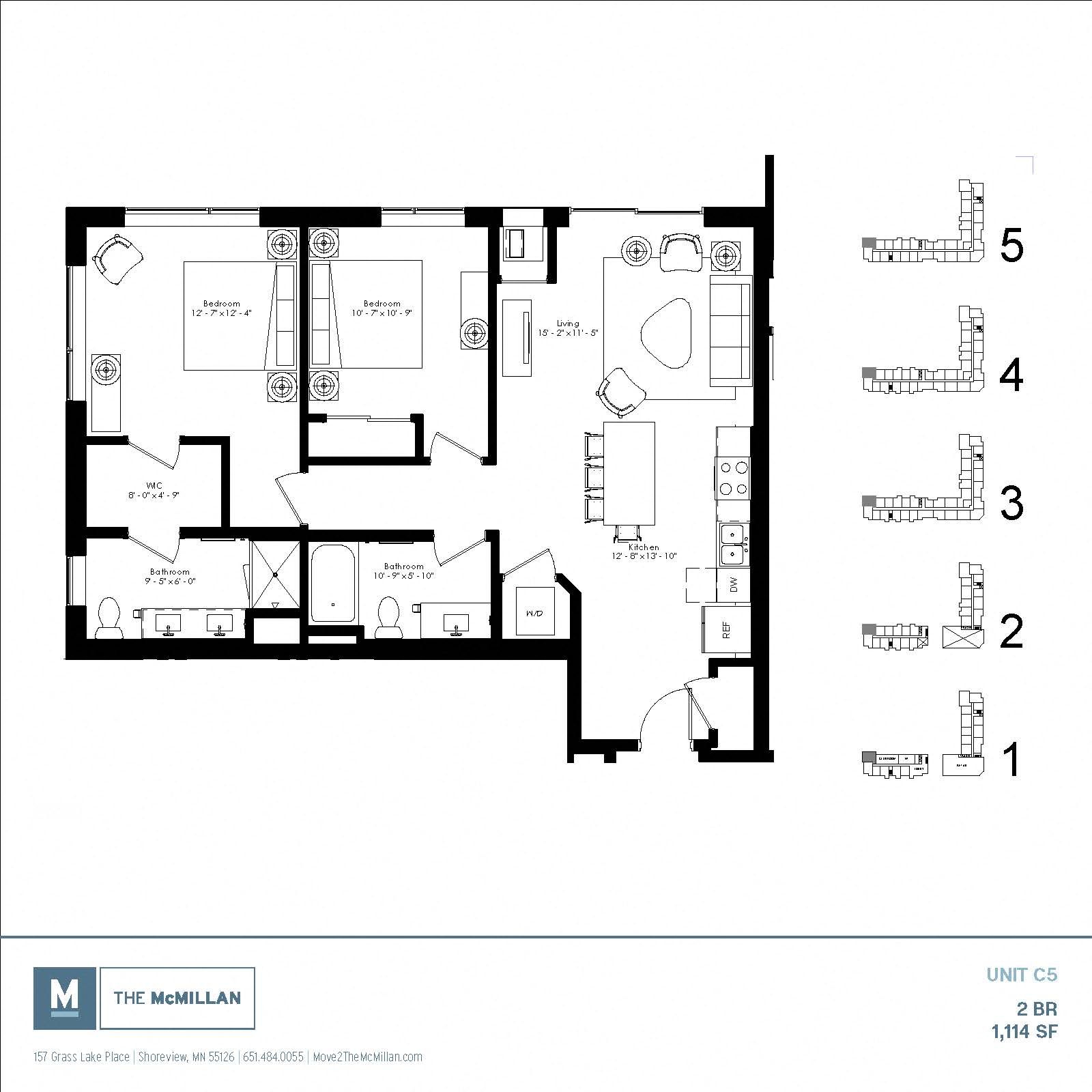 Floor plan for 2 beds, 2 baths, 1114 sqft