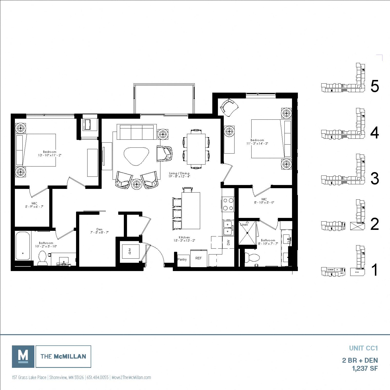 Floor plan for 2 beds, 2 baths, 1237 sqft