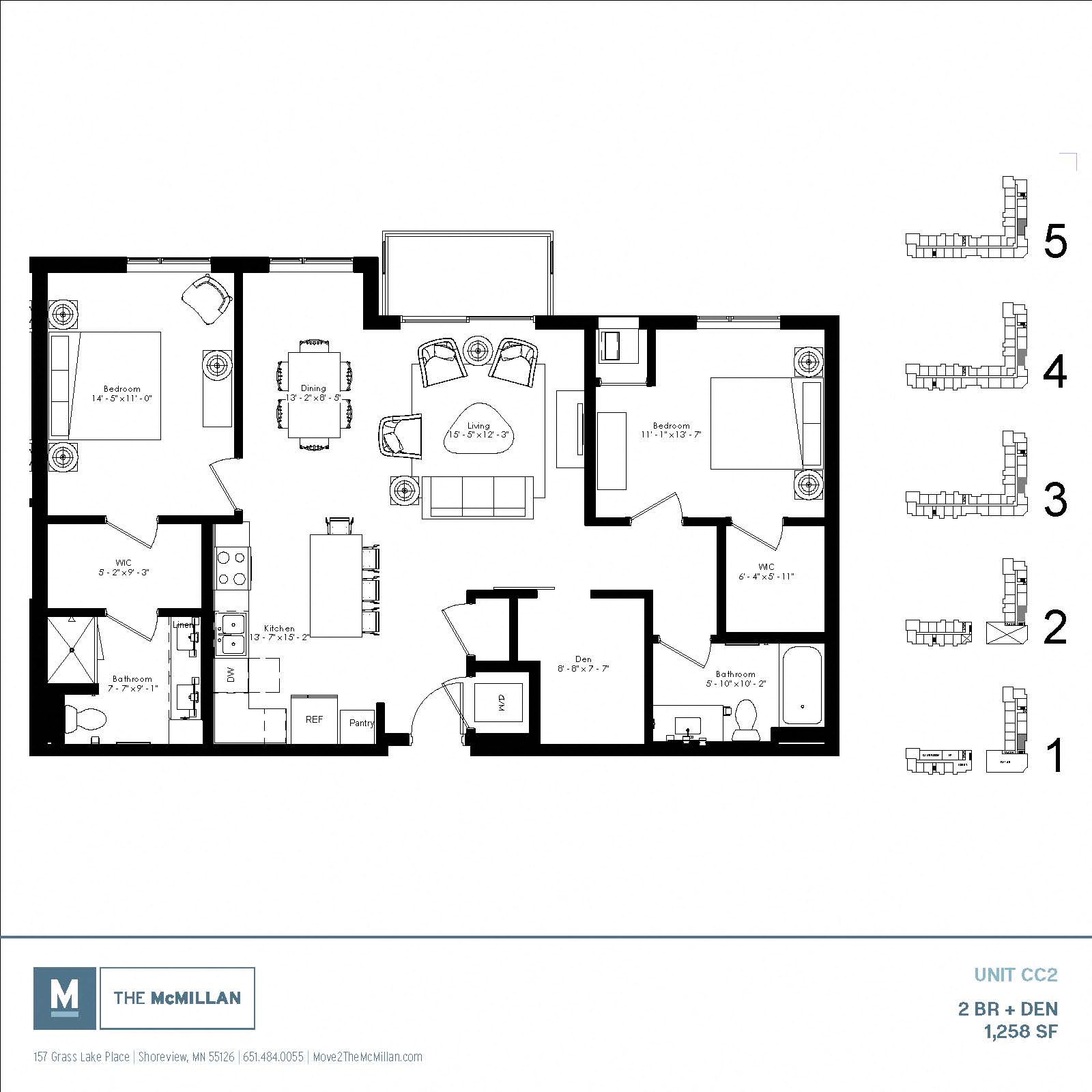 Floor plan for 2 beds, 2 baths, 1258 sqft