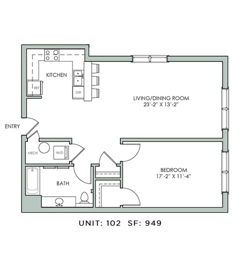Floor plan for 1 bed, 1 bath, 949 sqft