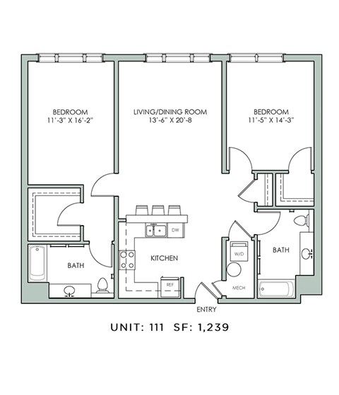 Floor plan for 2 beds, 2 baths, 1239 sqft