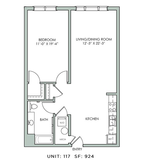 Floor plan for 1 bed, 1 bath, 924 sqft