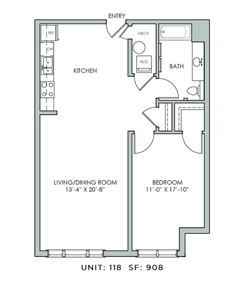 Floor plan for 1 bed, 1 bath, 908 sqft