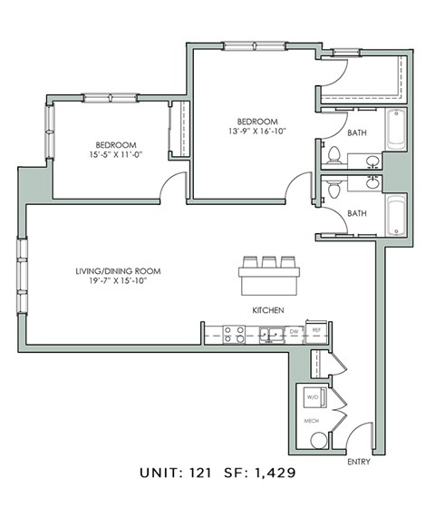Floor plan for 2 beds, 2 baths, 1429 sqft