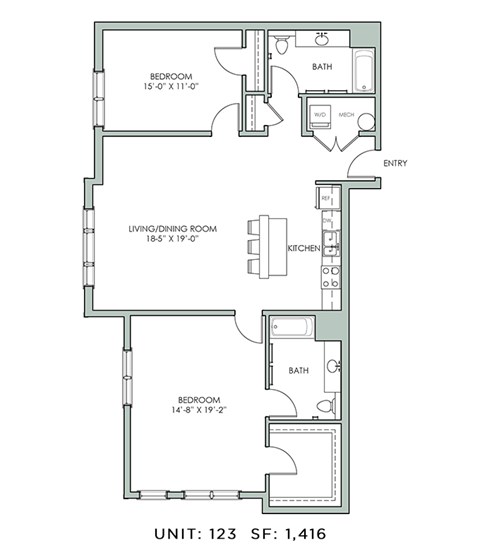 Floor plan for 2 beds, 2 baths, 1416 sqft
