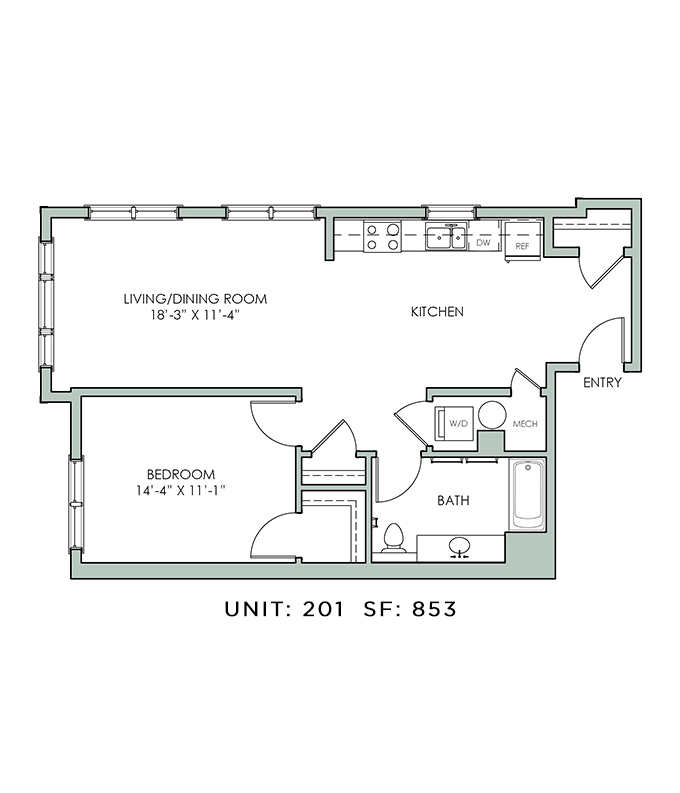 Floor plan for 1 bed, 1 bath, 853 sqft