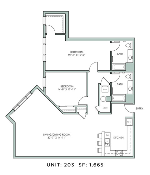 Floor plan for 2 beds, 2 baths, 1665 sqft