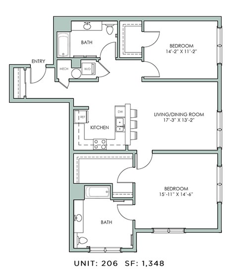 Floor plan for 2 beds, 2 baths, 1348 sqft