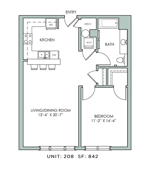 Floor plan for 1 bed, 1 bath, 842 sqft