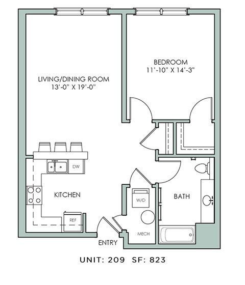 Floor plan for 1 bed, 1 bath, 823 sqft