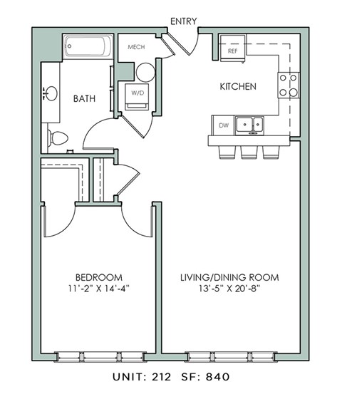 Floor plan for 1 bed, 1 bath, 840 sqft