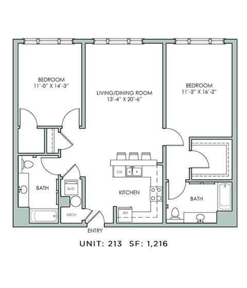 Floor plan for 2 beds, 2 baths, 1216 sqft