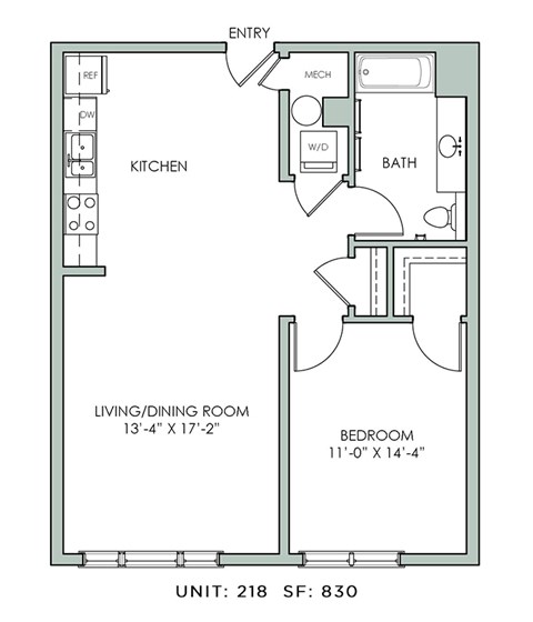 Floor plan for 1 bed, 1 bath, 830 sqft