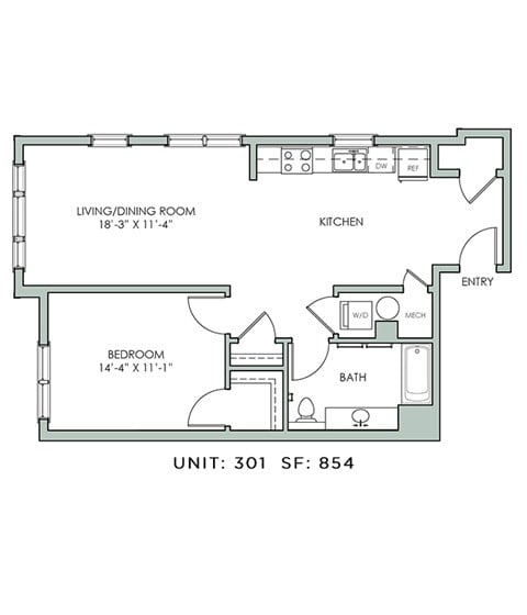 Floor plan for 1 bed, 1 bath, 854 sqft