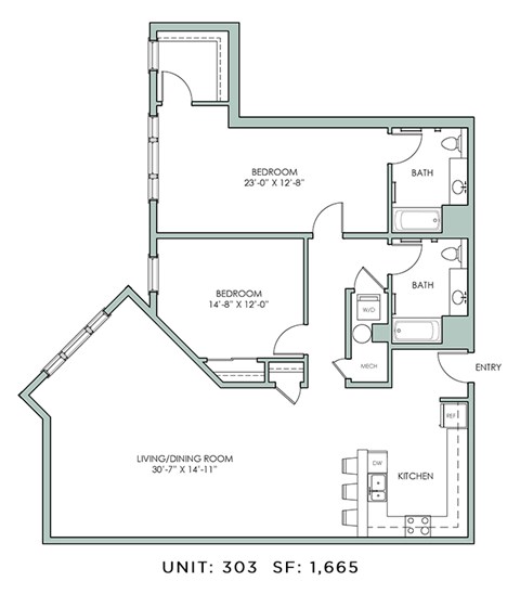 Floor plan for 2 beds, 2 baths, 1655 sqft