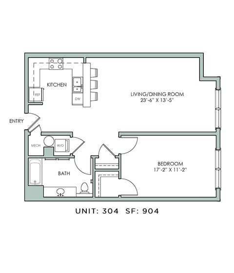 Floor plan for 1 bed, 1 bath, 904 sqft