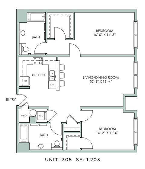 Floor plan for 2 beds, 2 baths, 1203 sqft