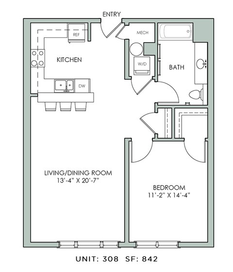 Floor plan for 1 bed, 1 bath, 842 sqft