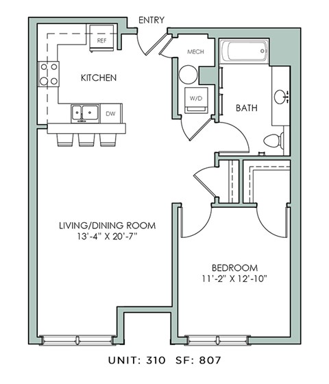 Floor plan for 1 bed, 1 bath, 807 sqft