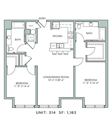 Floor plan for 2 beds, 2 baths, 1183 sqft