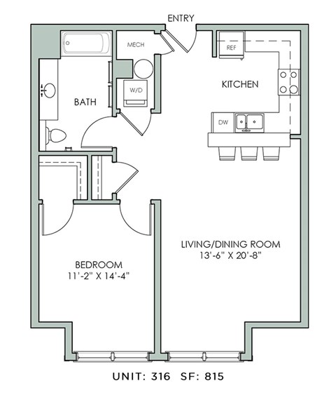 Floor plan for 1 bed, 1 bath, 815 sqft