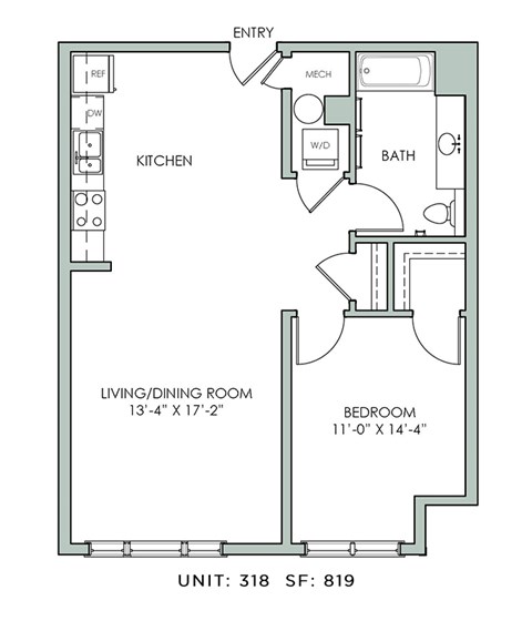 Floor plan for 1 bed, 1 bath, 819 sqft