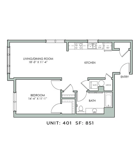 Floor plan for 1 bed, 1 bath, 851 sqft