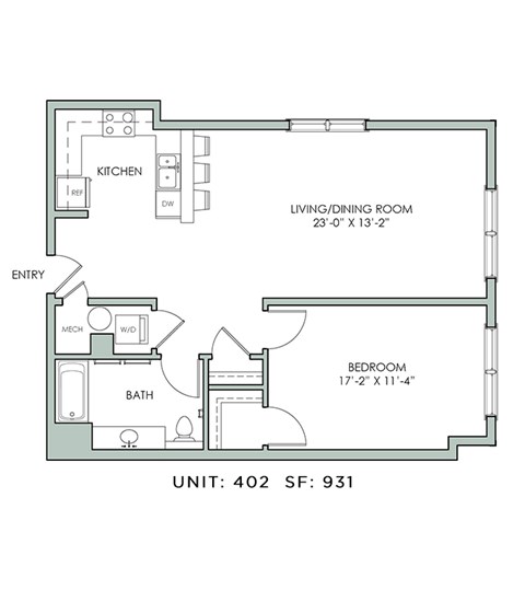 Floor plan for 1 bed, 1 bath, 931 sqft