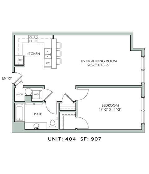 Floor plan for 1 bed, 1 bath, 907 sqft