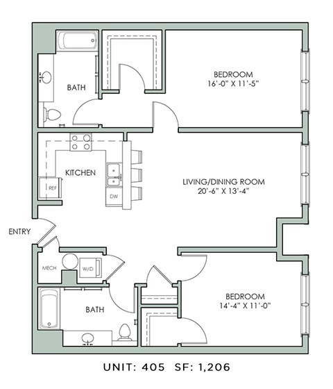 Floor plan for 2 beds, 2 baths, 1206 sqft