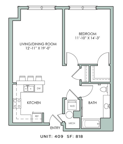 Floor plan for 1 bed, 1 bath, 818 sqft