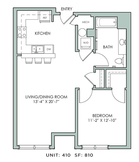 Floor plan for 1 bed, 1 bath, 810 sqft