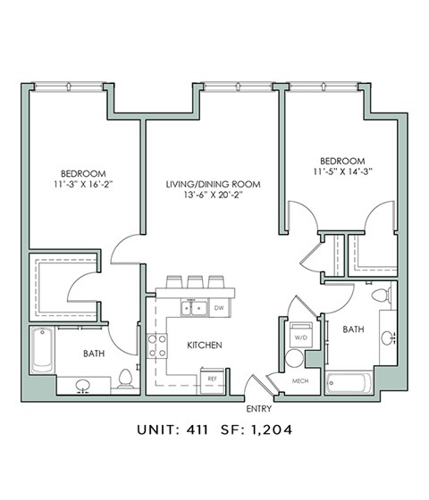 Floor plan for 2 beds, 2 baths, 1204 sqft