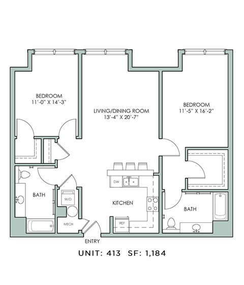 Floor plan for 2 beds, 2 baths, 1184 sqft