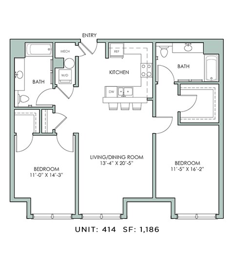 Floor plan for 2 beds, 2 baths, 1186 sqft