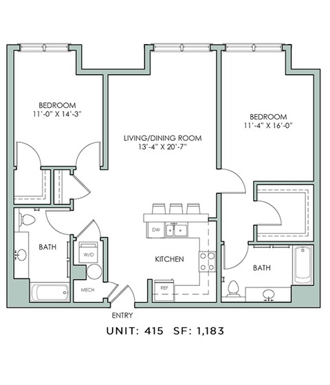 Floor plan for 2 beds, 2 baths, 1183 sqft