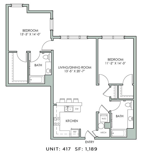 Floor plan for 2 beds, 2 baths, 1189 sqft