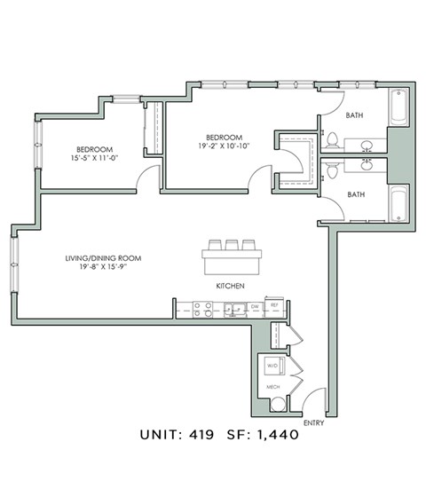 Floor plan for 2 beds, 2 baths, 1440 sqft