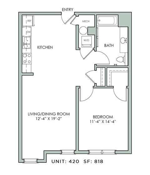 Floor plan for 1 bed, 1 bath, 818 sqft
