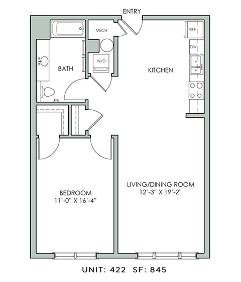 Floor plan for 1 bed, 1 bath, 845 sqft