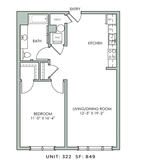 Floor plan for 1 bed, 1 bath, 849 sqft