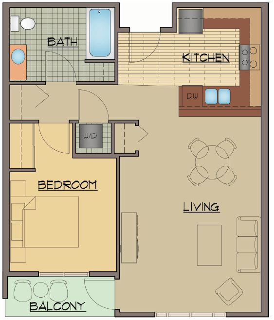 Floor plan for 1 bed, 1 bath, 732 sqft