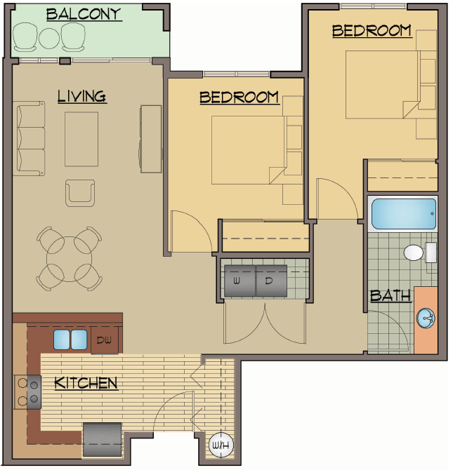 Floor plan for 2 beds, 1 bath, 896 sqft