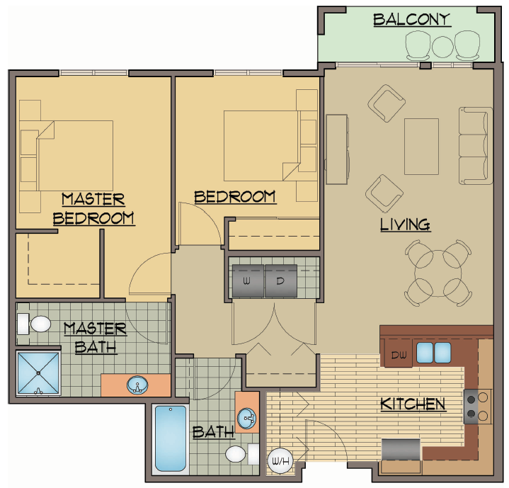 Floor plan for 2 beds, 2 baths, 976 sqft