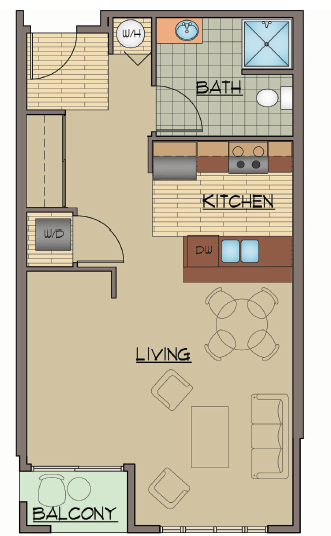 Floor plan for studio, 1 bath, 578 sqft