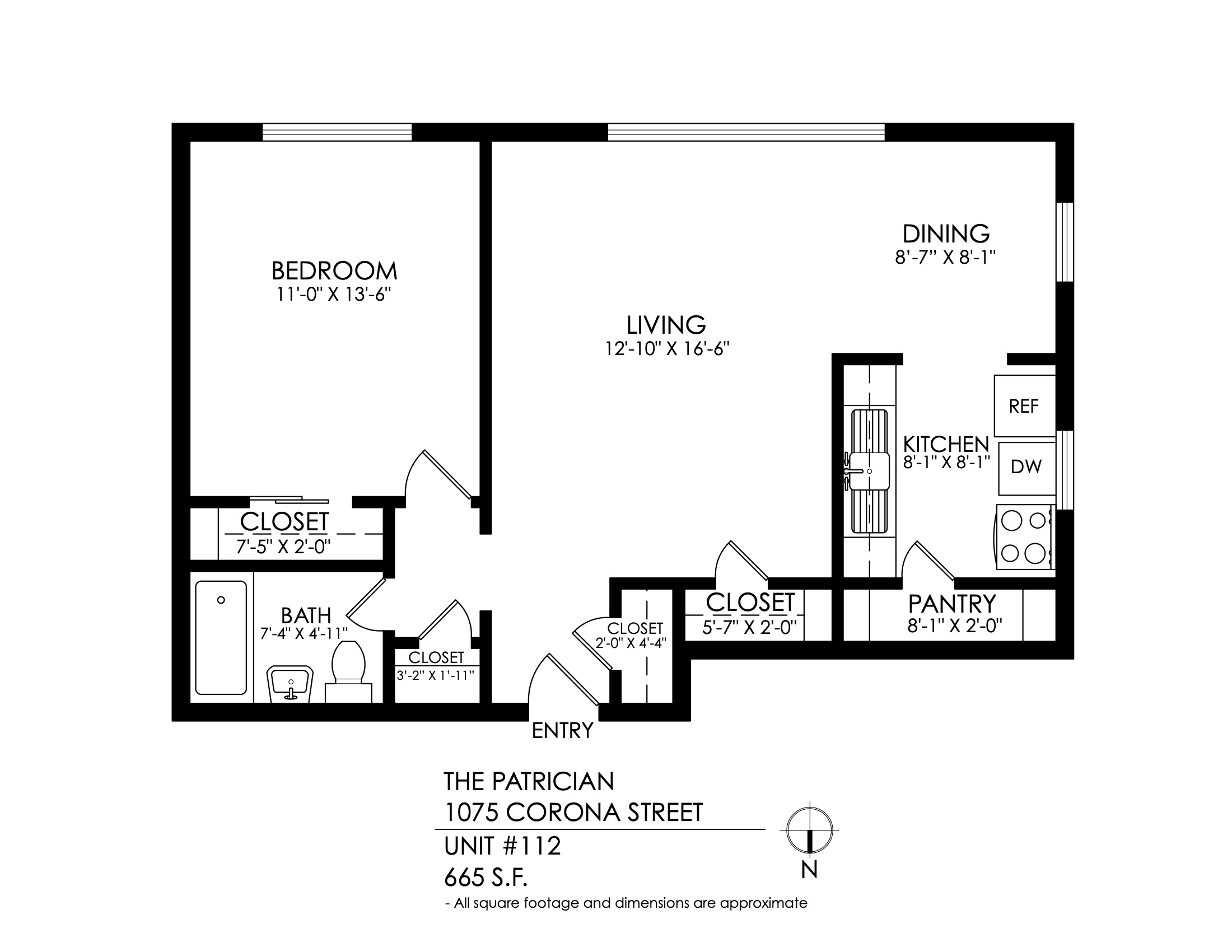 Floor plan for 1 bed, 1 bath, 665 sqft