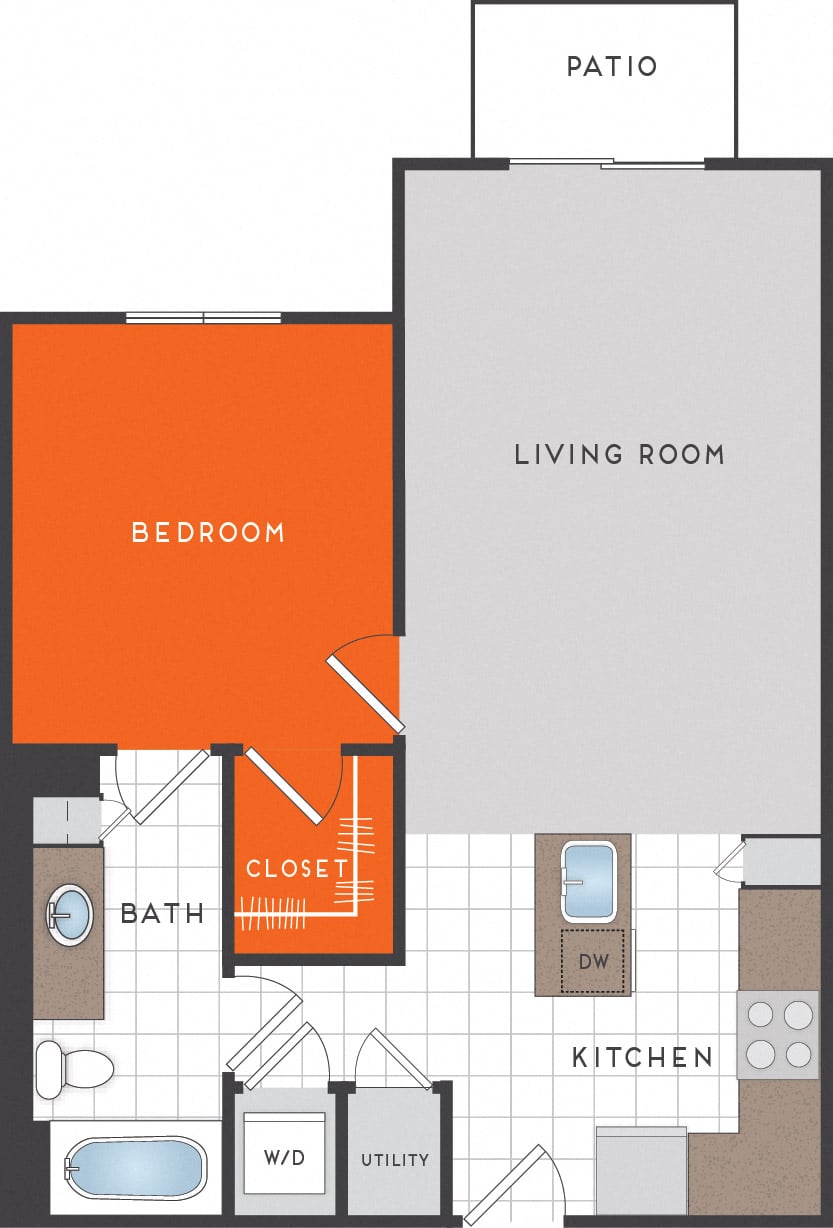 Floor plan for 1 bed, 1 bath, 703 sqft