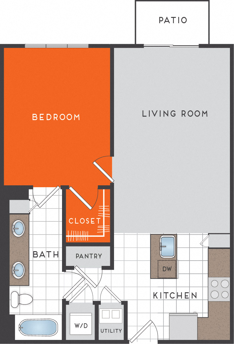 Floor plan for 1 bed, 1 bath, 777 sqft