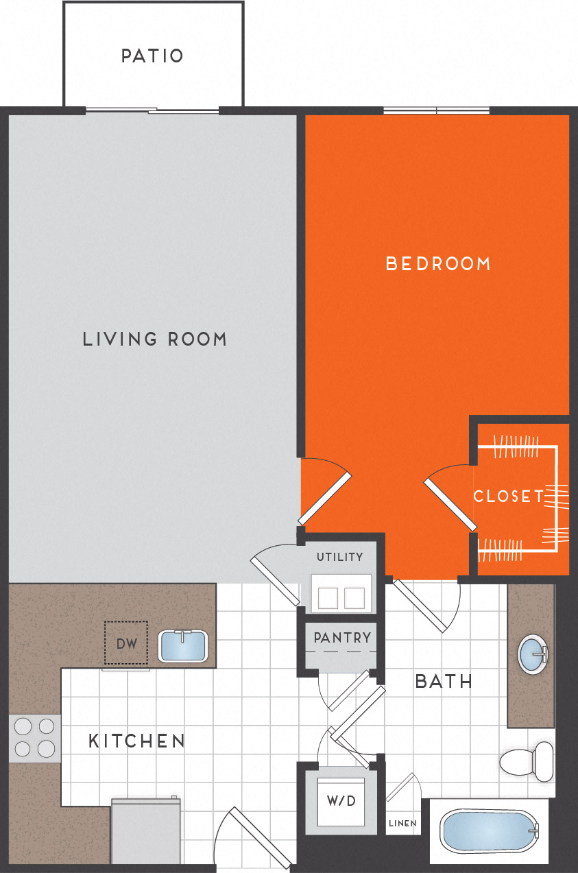 Floor plan for 1 bed, 1 bath, 778 sqft