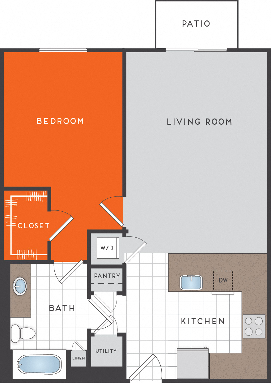 Floor plan for 1 bed, 1 bath, 785 sqft
